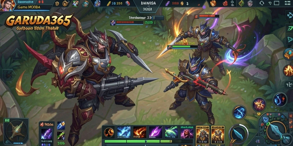 Screenshot GARUDA365 menampilkan pertarungan epik antara tim pemain di arena.