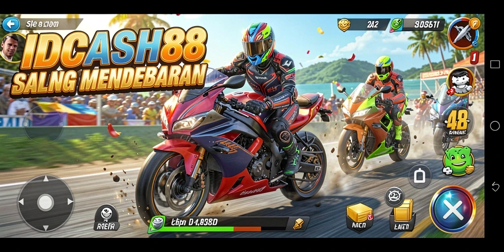 Screenshot utama IDCASH88 menampilkan balapan motor yang seru dan menegangkan.